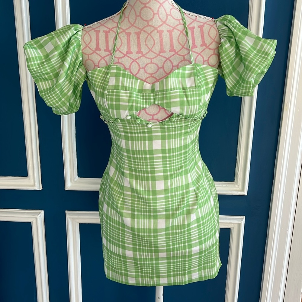 Seven Wonders Green White Plaid Puff Sleeve Mini Dress - Size XS